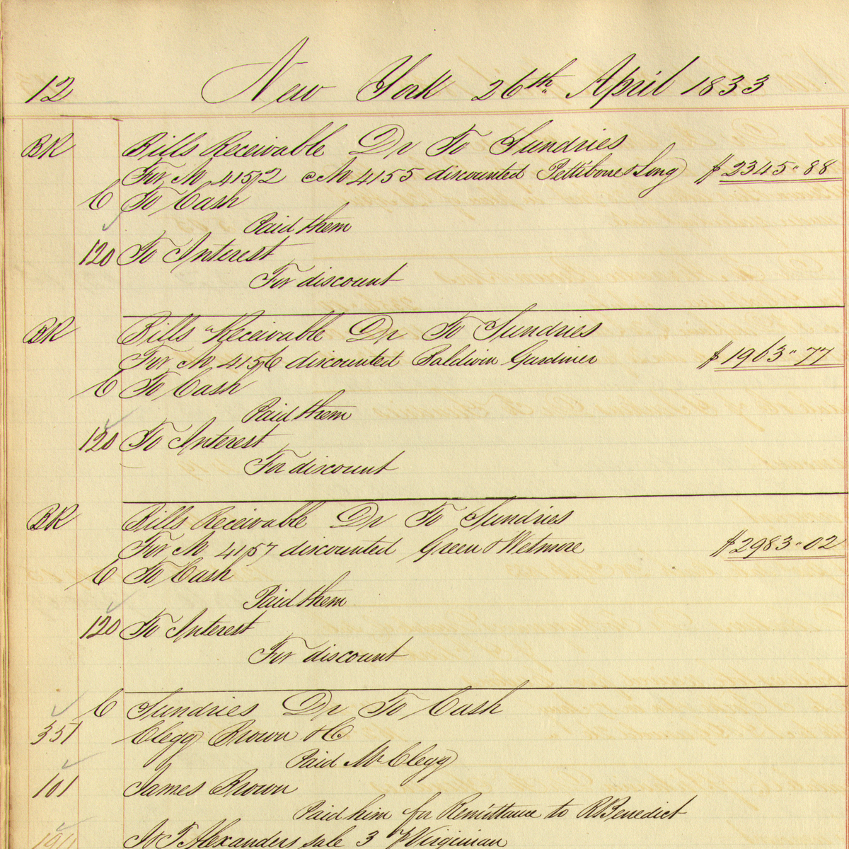 Ledger page from the account books of Brown Bros of New York from the 19th century.